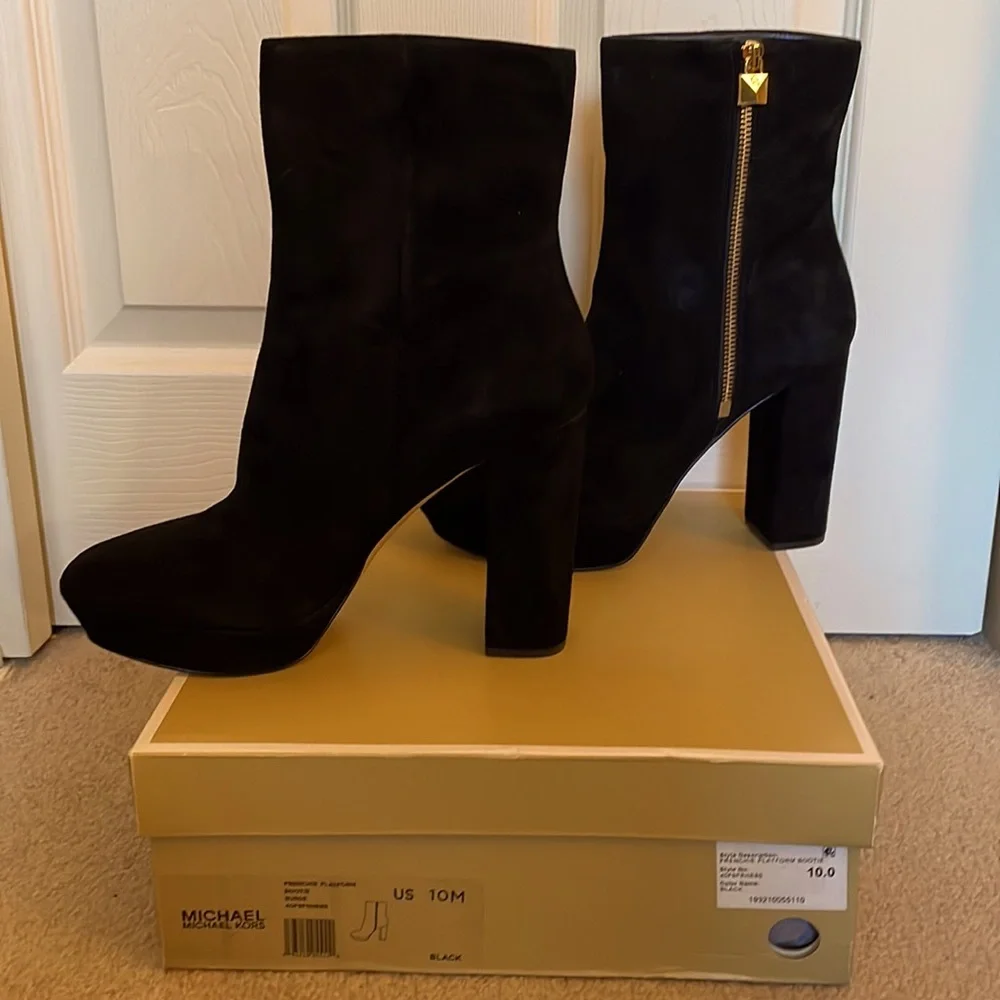 Michael Kors Black Suede Platform Ankle Boot with Gold Zip Accent